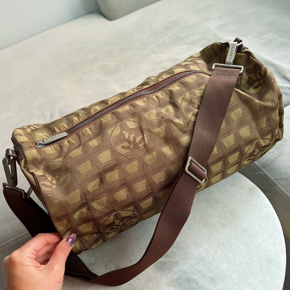 CHANEL Travel Line Nylon Jacquard Shoulder Bag Khaki